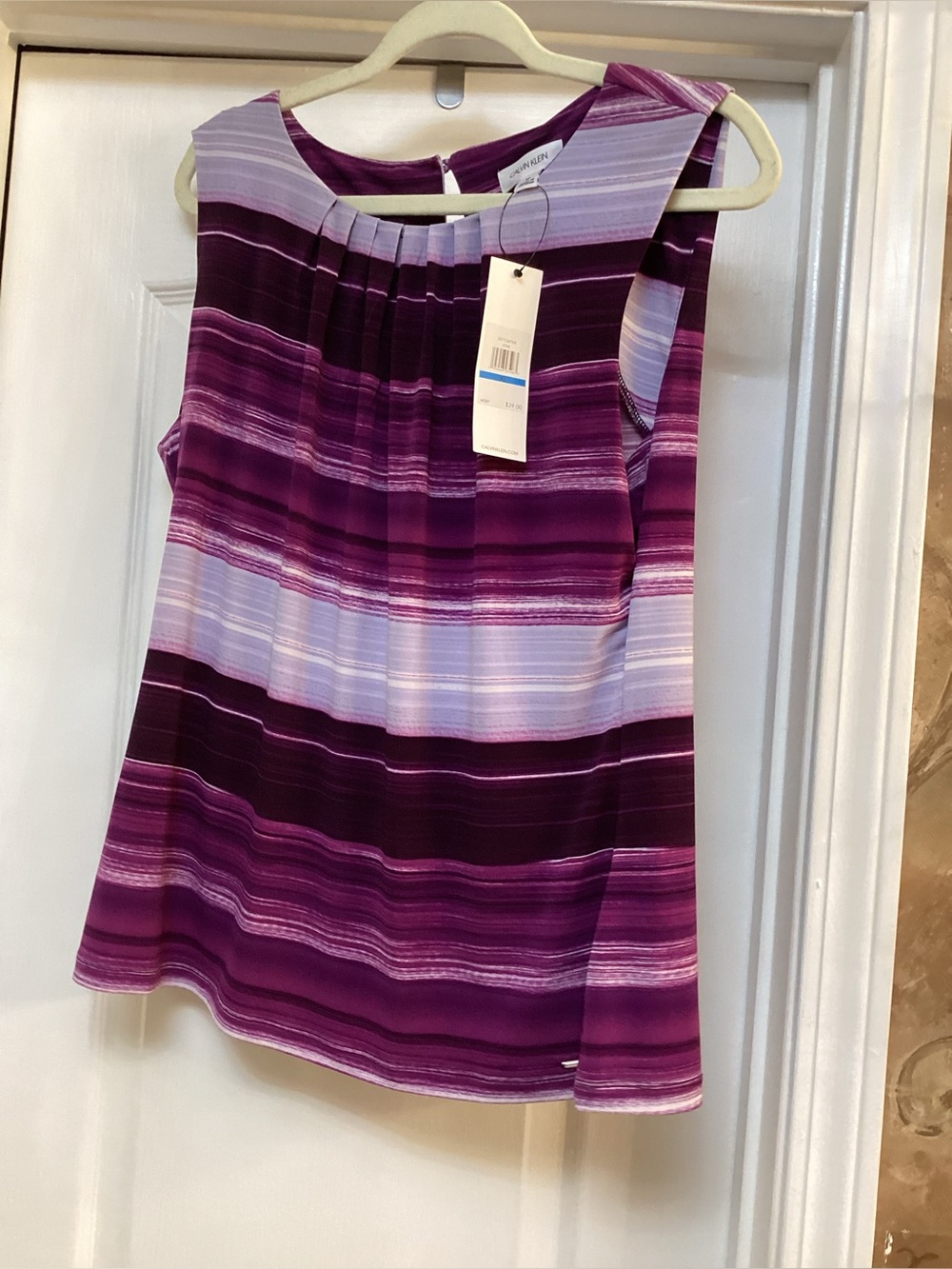Calvin Klein Sleeveless Pleated Neck Stripe Top - Purple